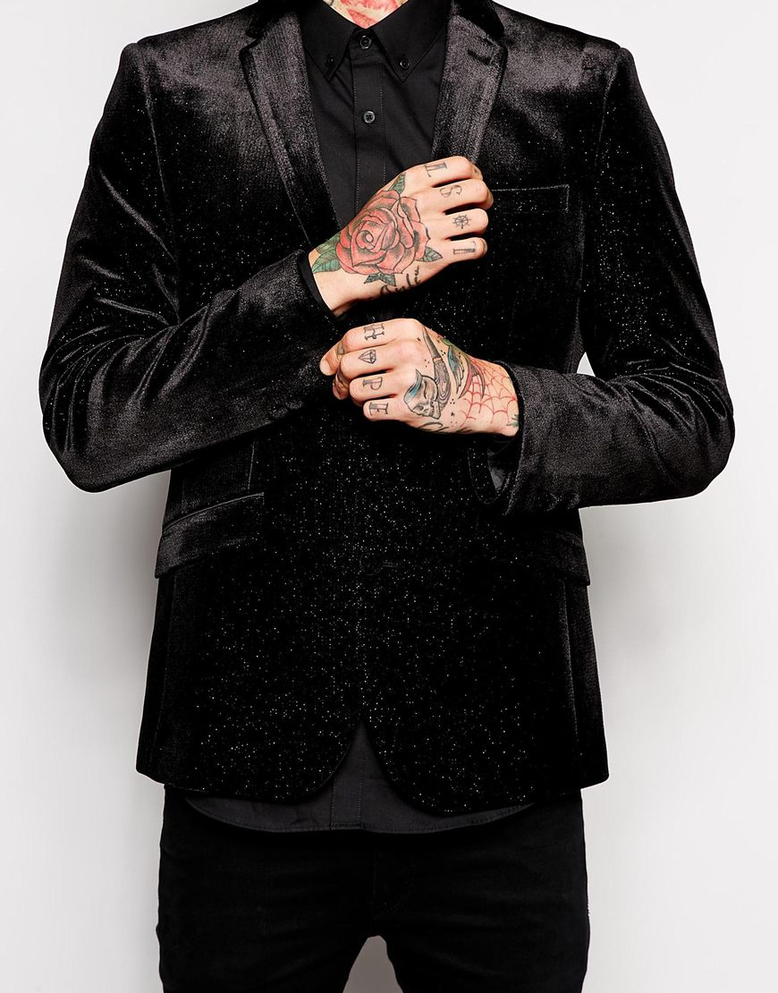 ASOS Slim Fit Blazer In Glitter Velvet in Black for Men Lyst