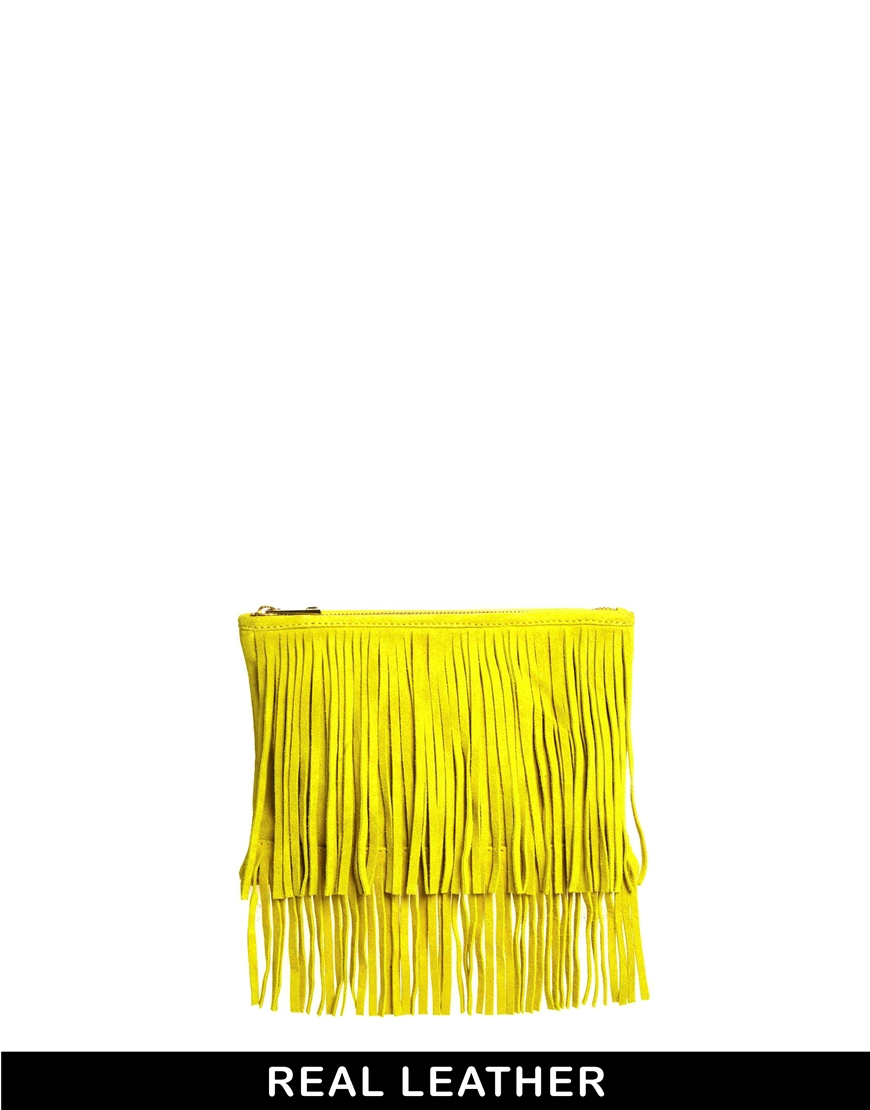 Lyst Asos Suede Fringe Clutch Bag in Yellow