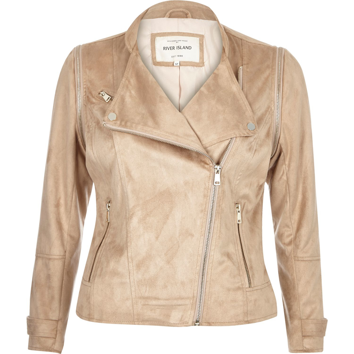 Lyst - River Island Nude Faux Suede Biker Jacket in Natural