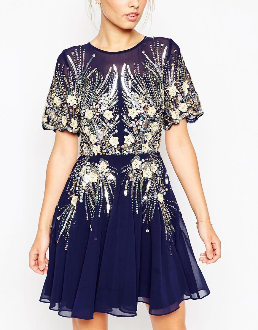 Asos Gold And Navy Sparkle Mesh Skater Dress in Blue (Navy) | Lyst