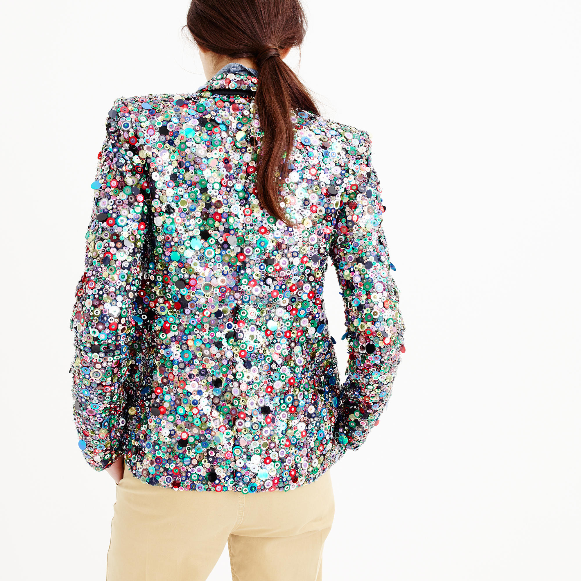 blue jean jacket with sequin sleeves