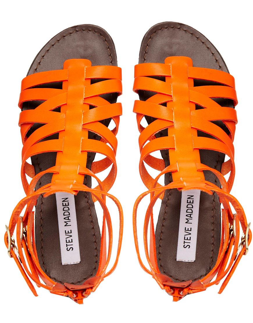 Lyst - Steve Madden Plato Multi Strap Orange Gladiator Flat Sandals in ...