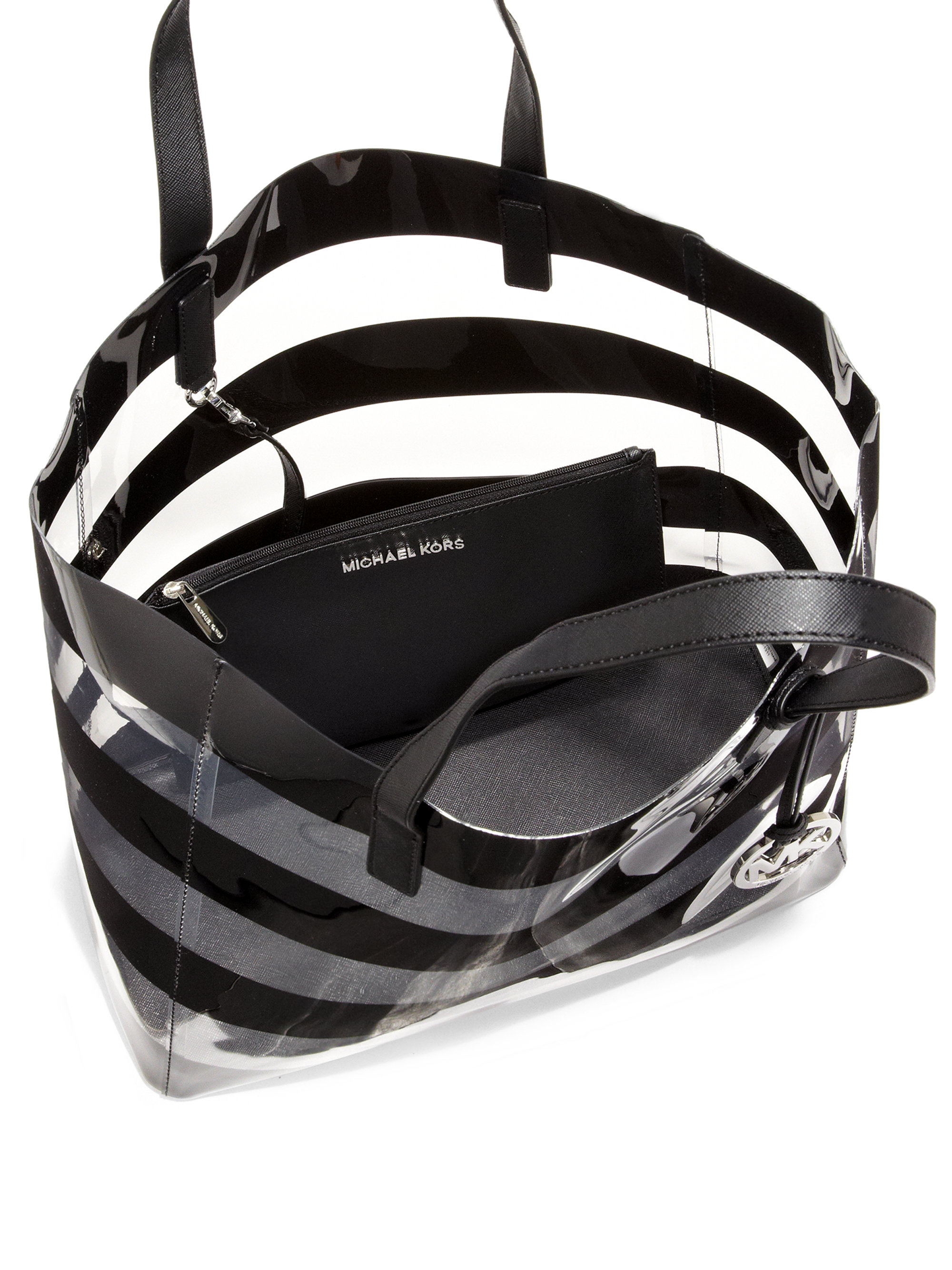 Lyst Michael Kors Eliza Large Striped Vinyl Tote In Black Gallery