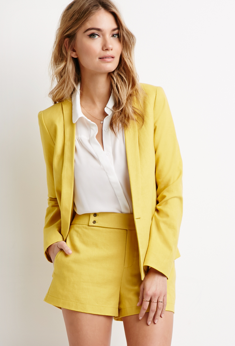 Lyst - Forever 21 Contemporary Linen-blend Shawl Collar Blazer in Yellow