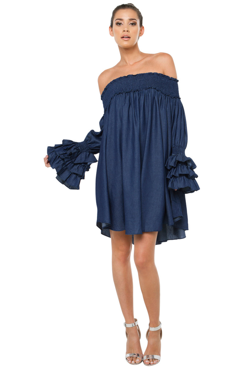 Lyst - Gracia Off Shoulder Dark Denim Mini Dress in Blue