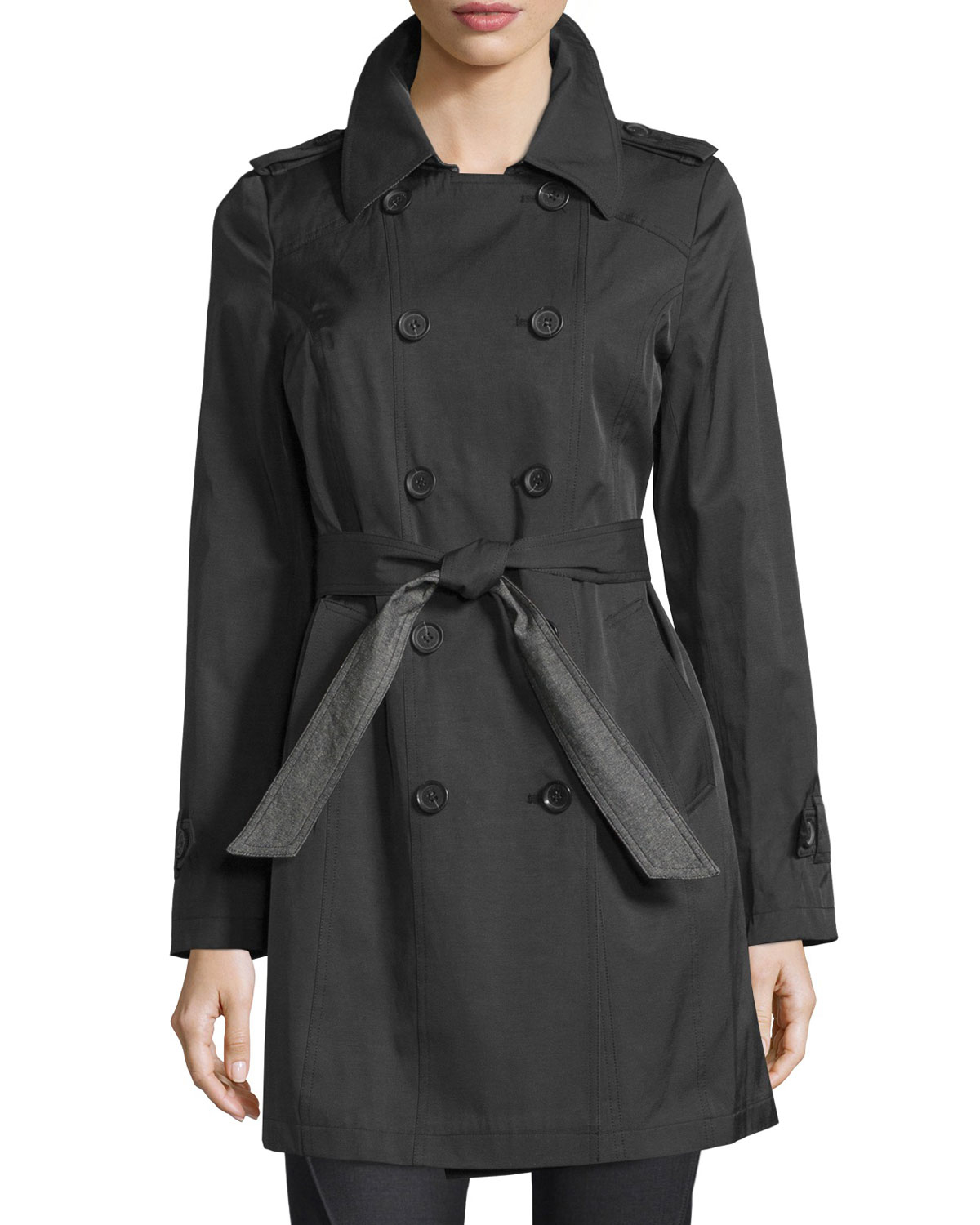 Lyst - French Connection Double-breasted Chambray-trim Trench Coat in Gray