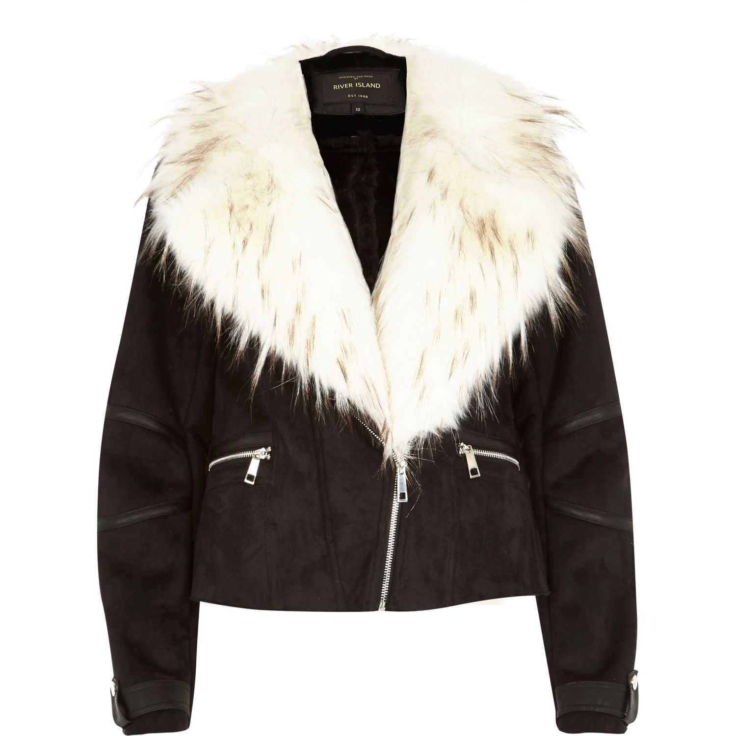River Island Black Mock Suede Faux Fur Collar Biker Jacket In Gallery