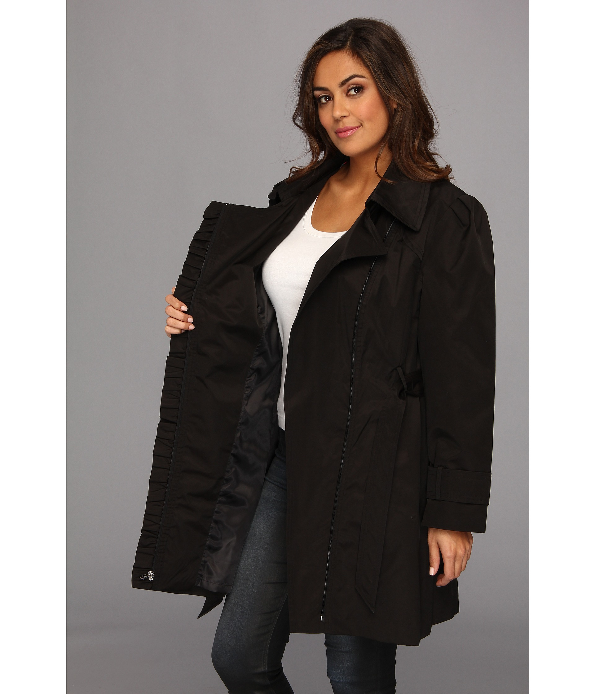 Lyst - Jessica Simpson Plus Size Ruffle Trim Belted Trench Coat in Black