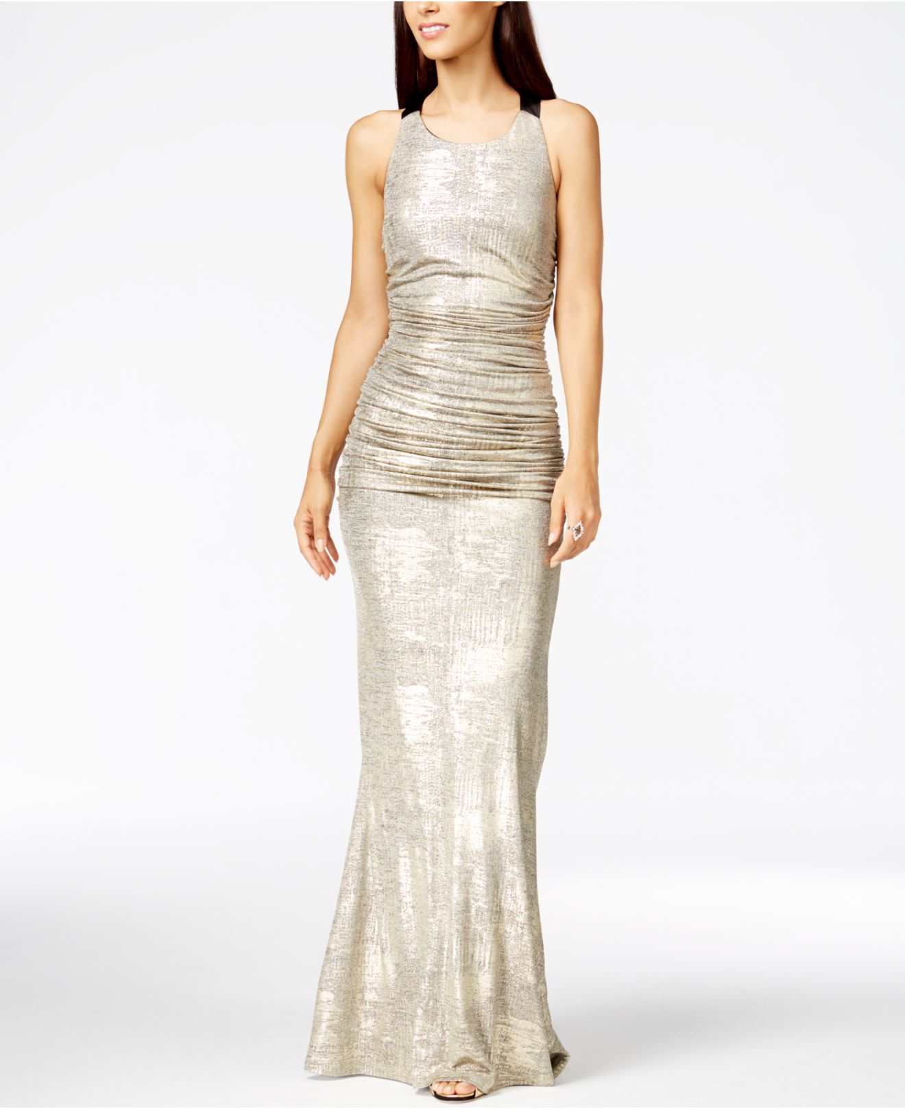 Lyst Calvin Klein Metallic Ruched Halter Gown In Gallery