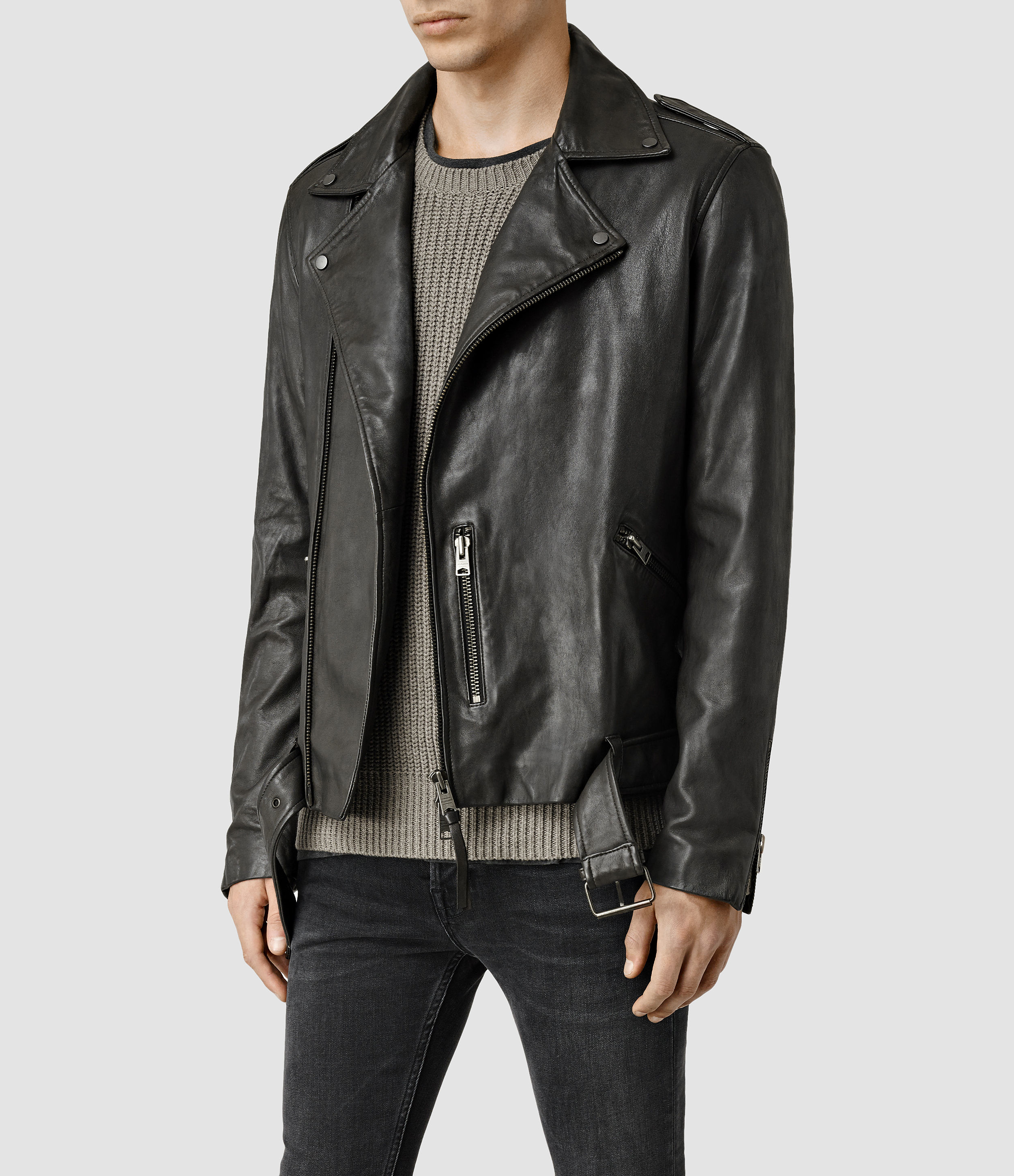 AllSaints Kahawa Leather Biker Jacket in Black (Gray) for Men - Lyst