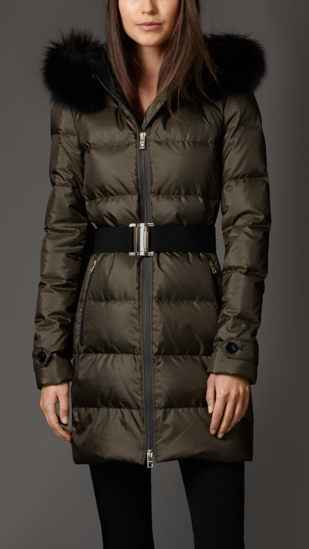 Burberry Down-Filled Coat With Fox Fur Trim in Green | Lyst
