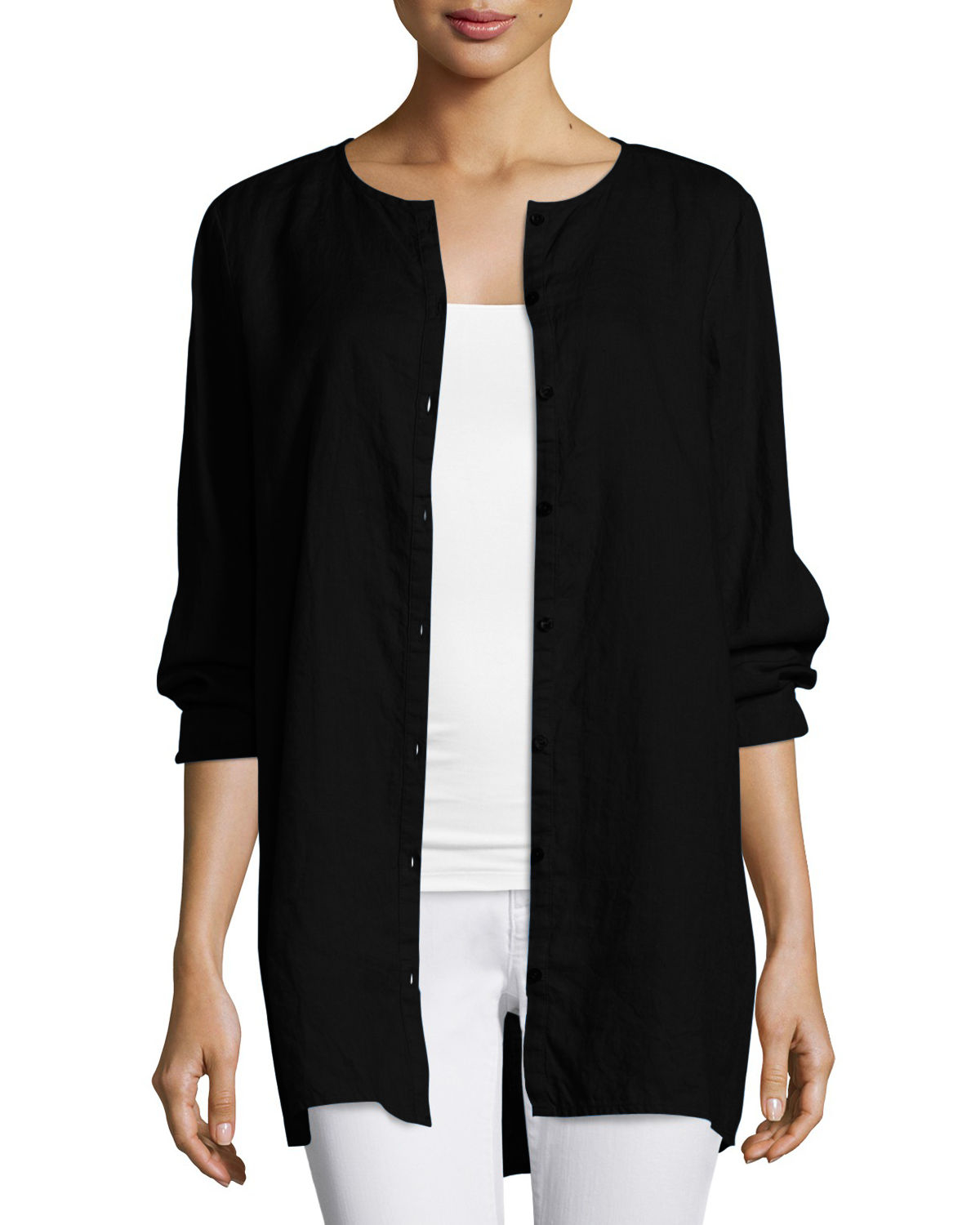 Eileen fisher Organic Linen Long Shirt in Black Lyst