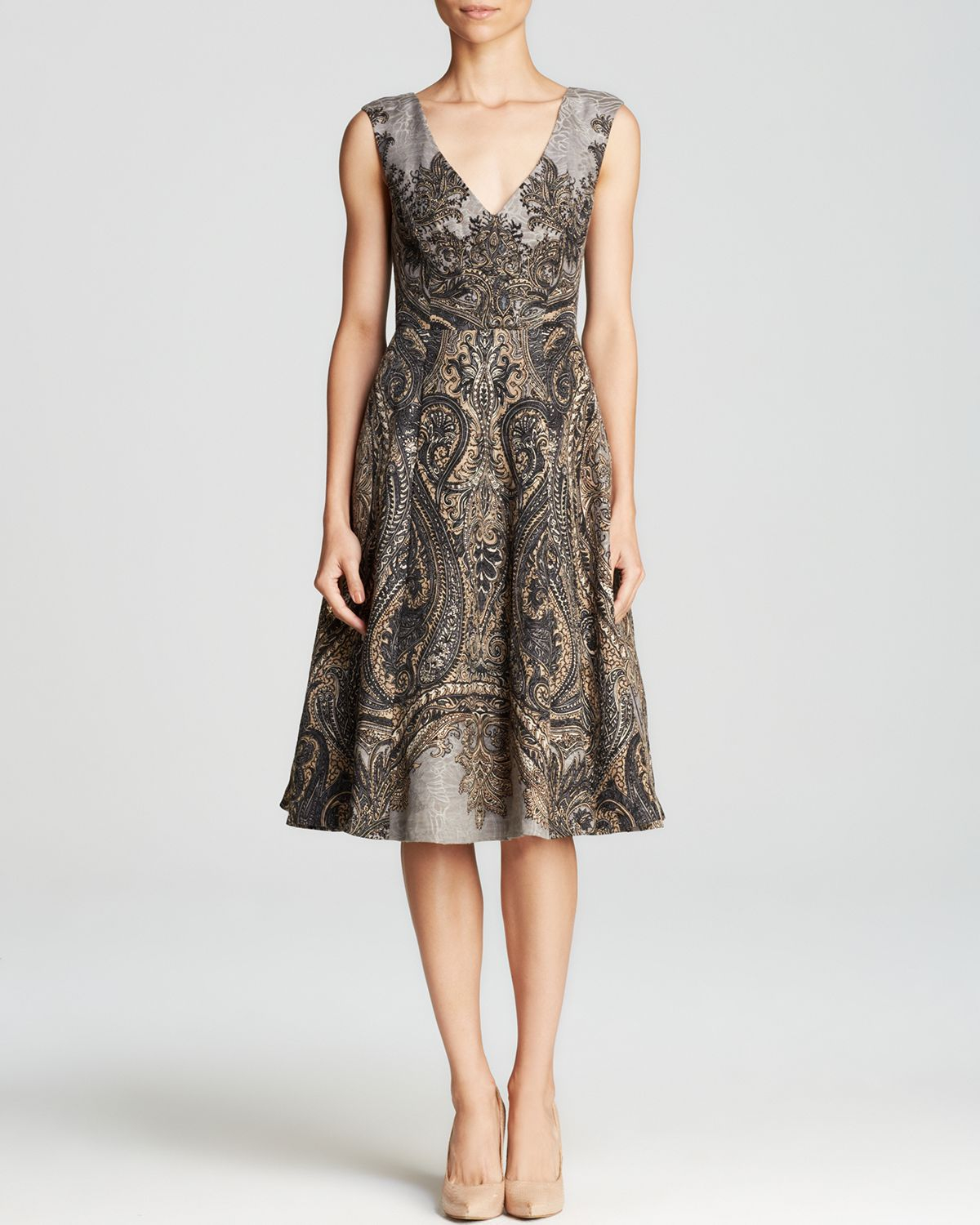 Lyst - Tracy reese Dress - Sleeveless V-Neck Paisley Print A-Line in Brown