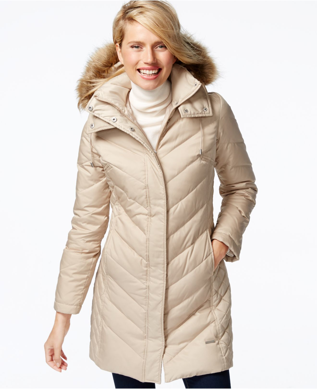 Kenneth cole Faux-fur-trim Chevron Quilted Down Coat in Metallic | Lyst