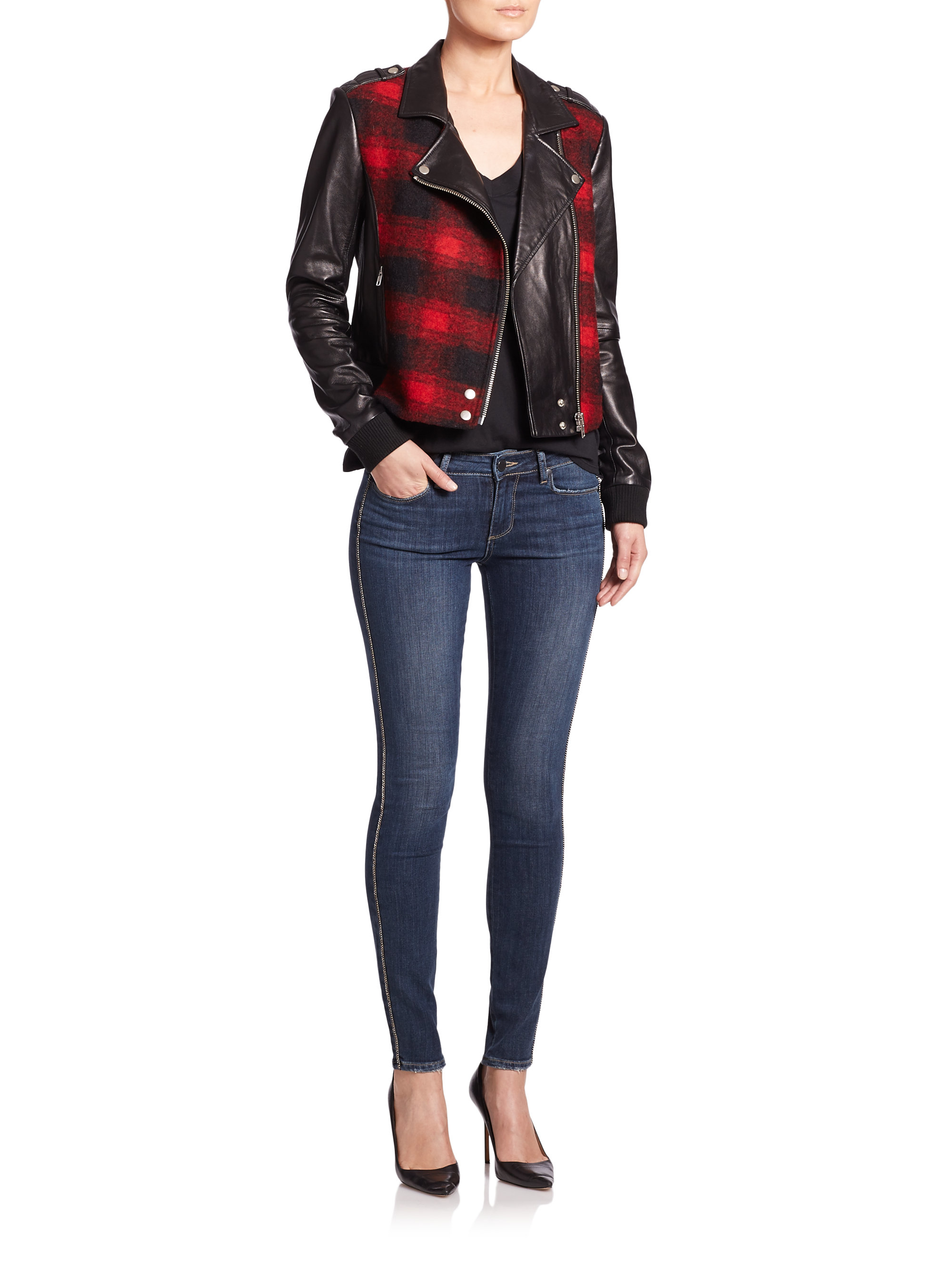 Paige Shelley Plaid Leather Moto Jacket in Black Lyst