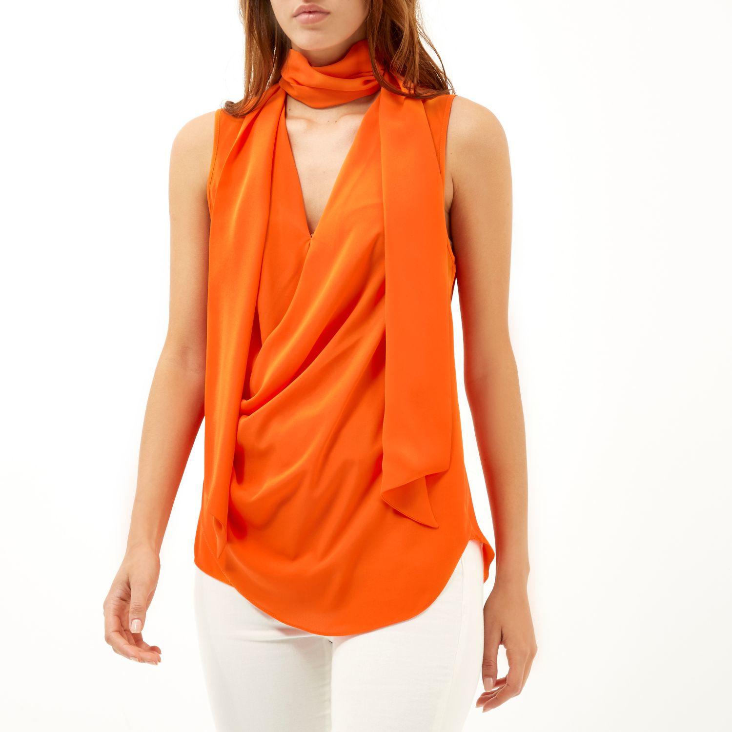 River Island | Bright Orange Pussybow Sleeveless Top | Lyst