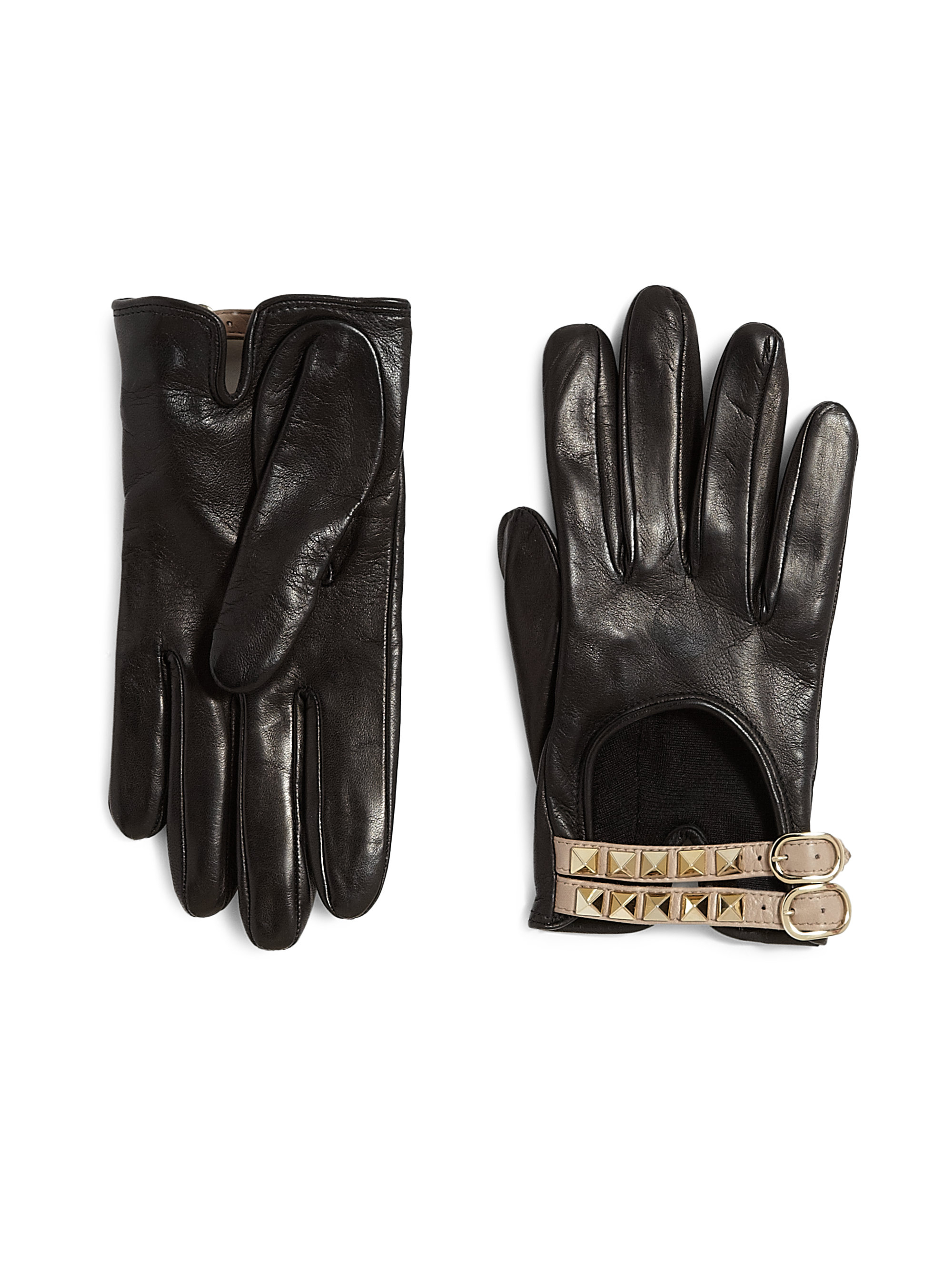 Valentino Rockstud Buckled Leather Gloves in Black | Lyst