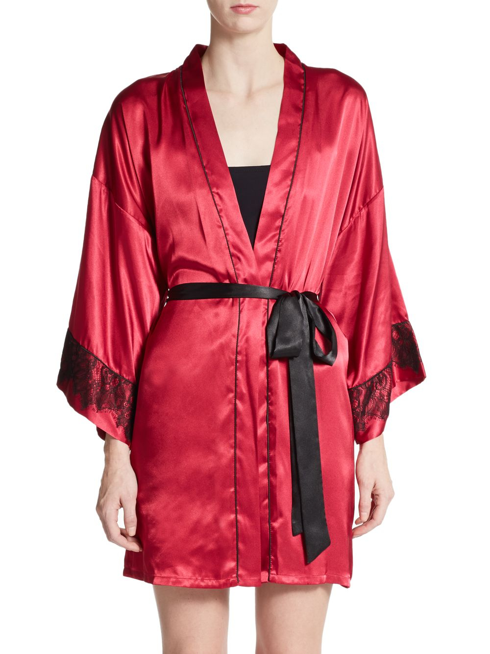 Jonquil Satin Chantilly Lace-Trimmed Wrap Robe in Red (black) | Lyst
