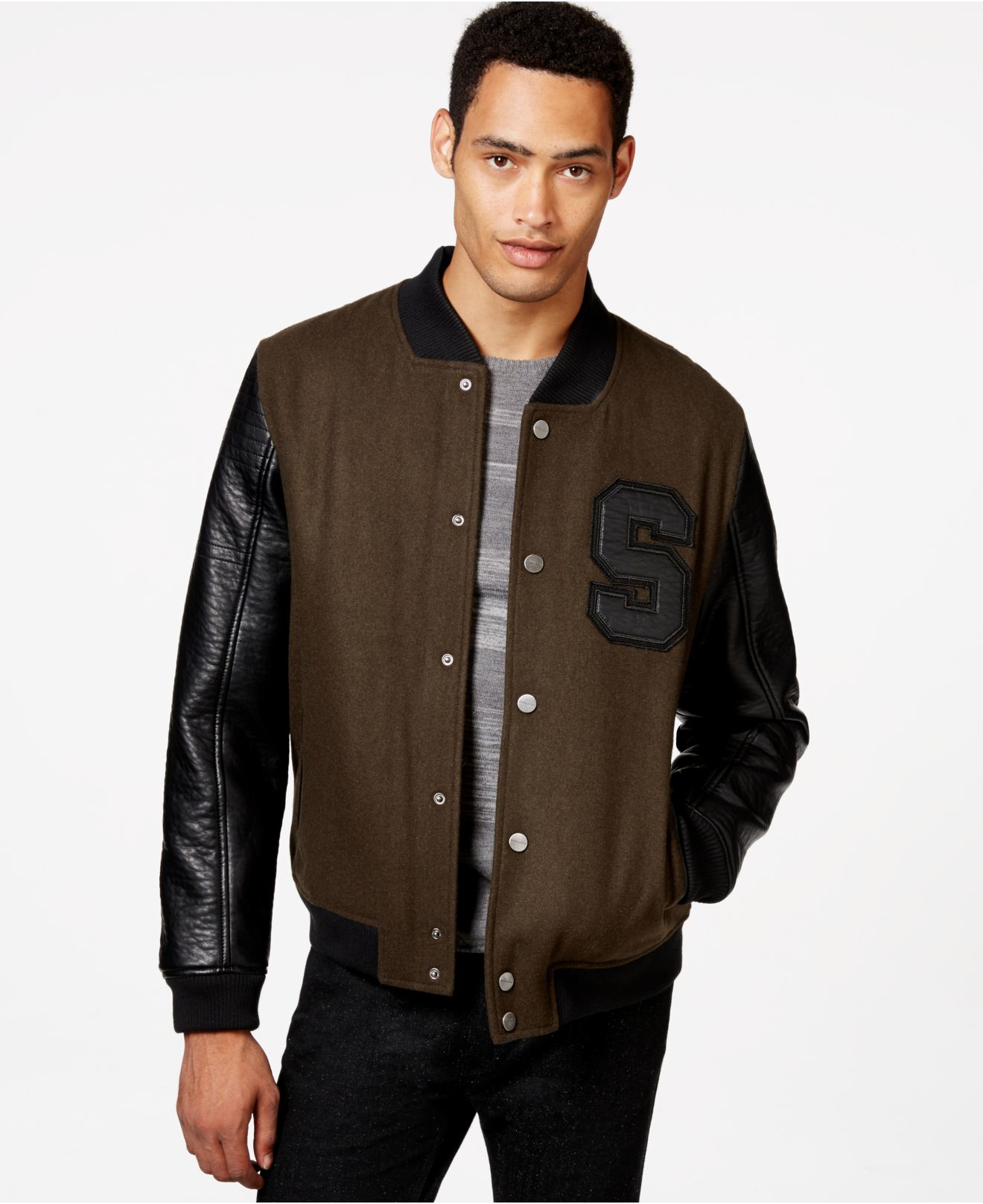 Sean John Faux Leather Sleeve Varsity Jacket In Green For