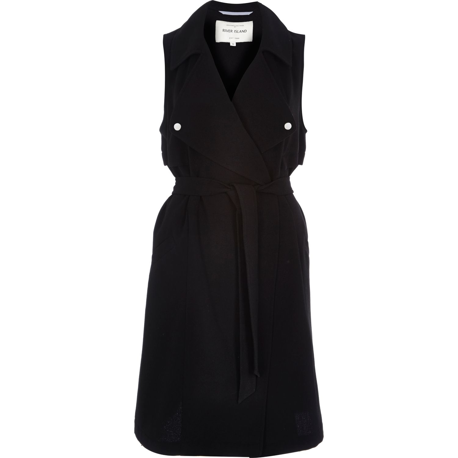  River  island  Black Crepe Sleeveless  Trench Jacket in Black 