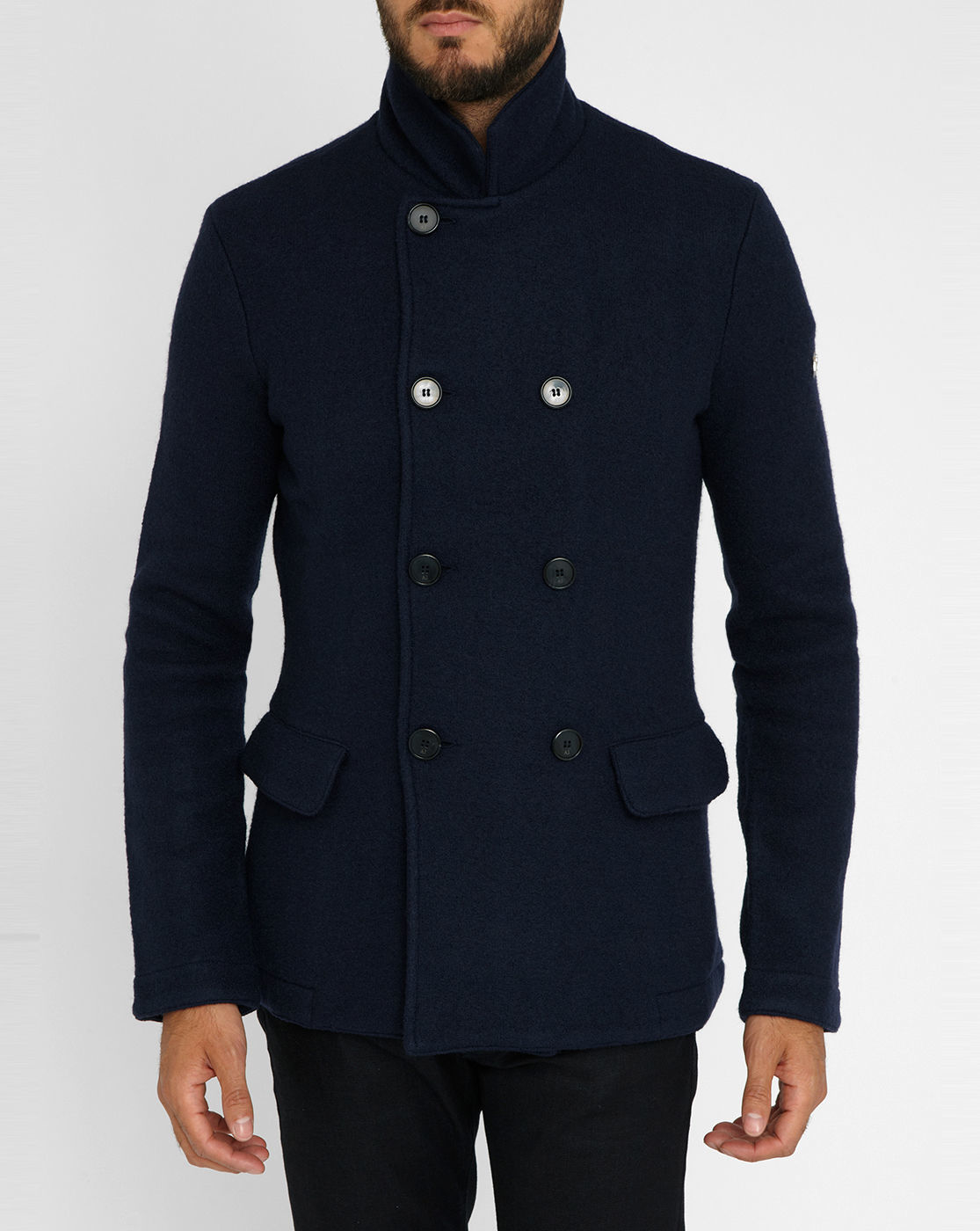 Armani jeans Navy Aj Sleeve Logo Boiled Wool Pea Coat in Blue for Men ...