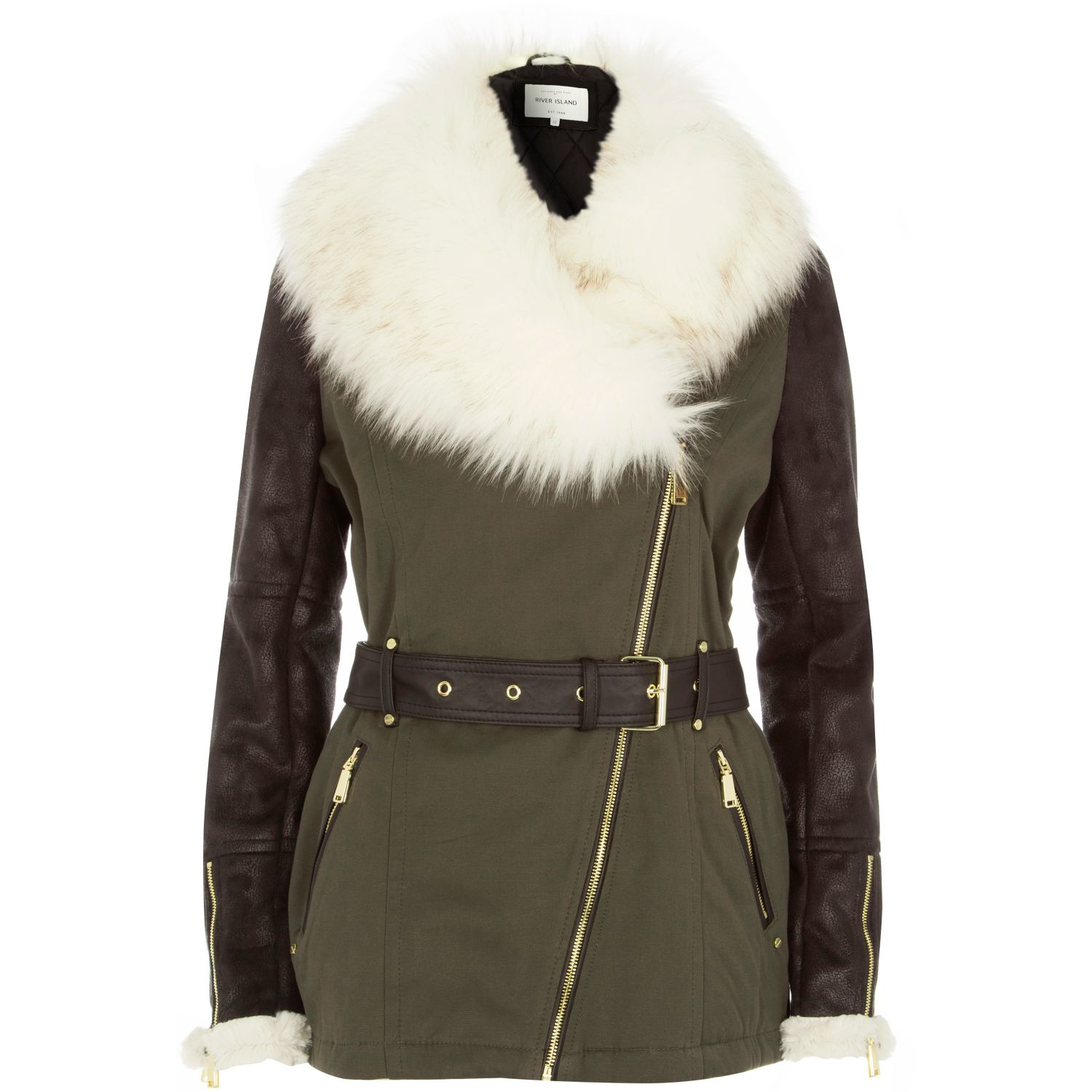 River island Khaki Contrast Sleeve Belted Parka Jacket in Khaki Lyst