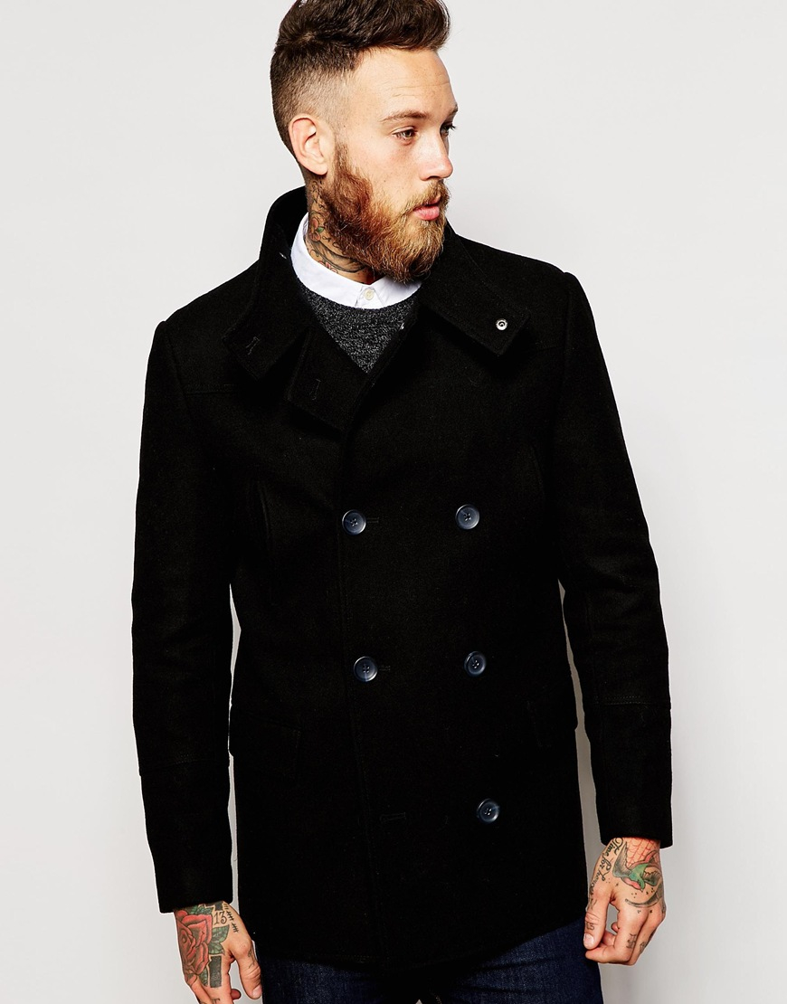 Asos Wool Peacoat With Funnel Neck In Black in Black for Men | Lyst