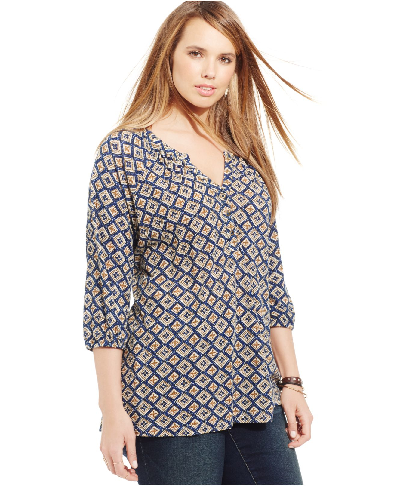 Lyst - Lucky Brand Lucky Brand Plus Size Geo-print Henley Blouse in Blue