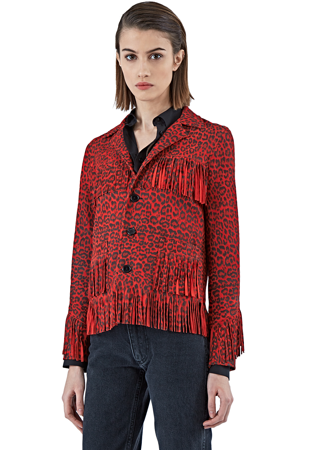 Saint laurent Leopard-Print Fringed Suede Jacket in Red | Lyst