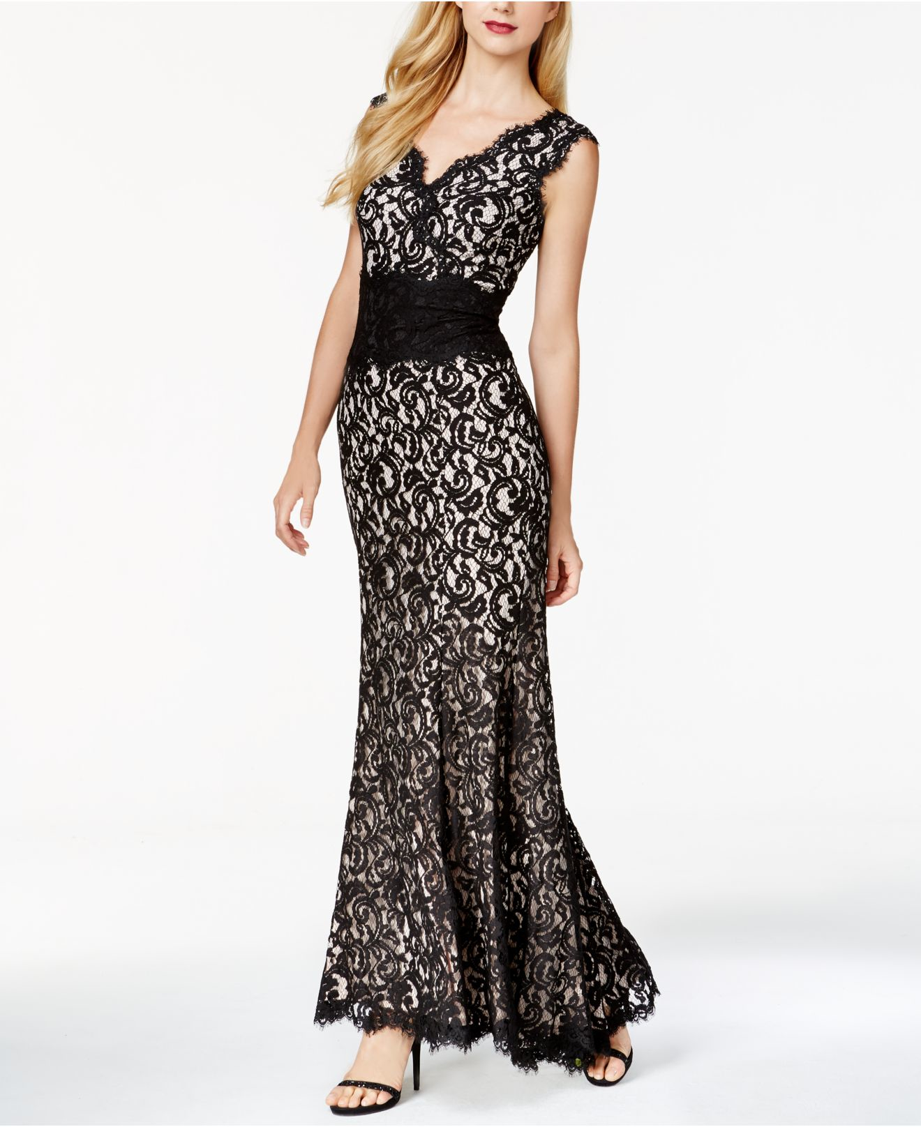 tadashi shoji black lace gown