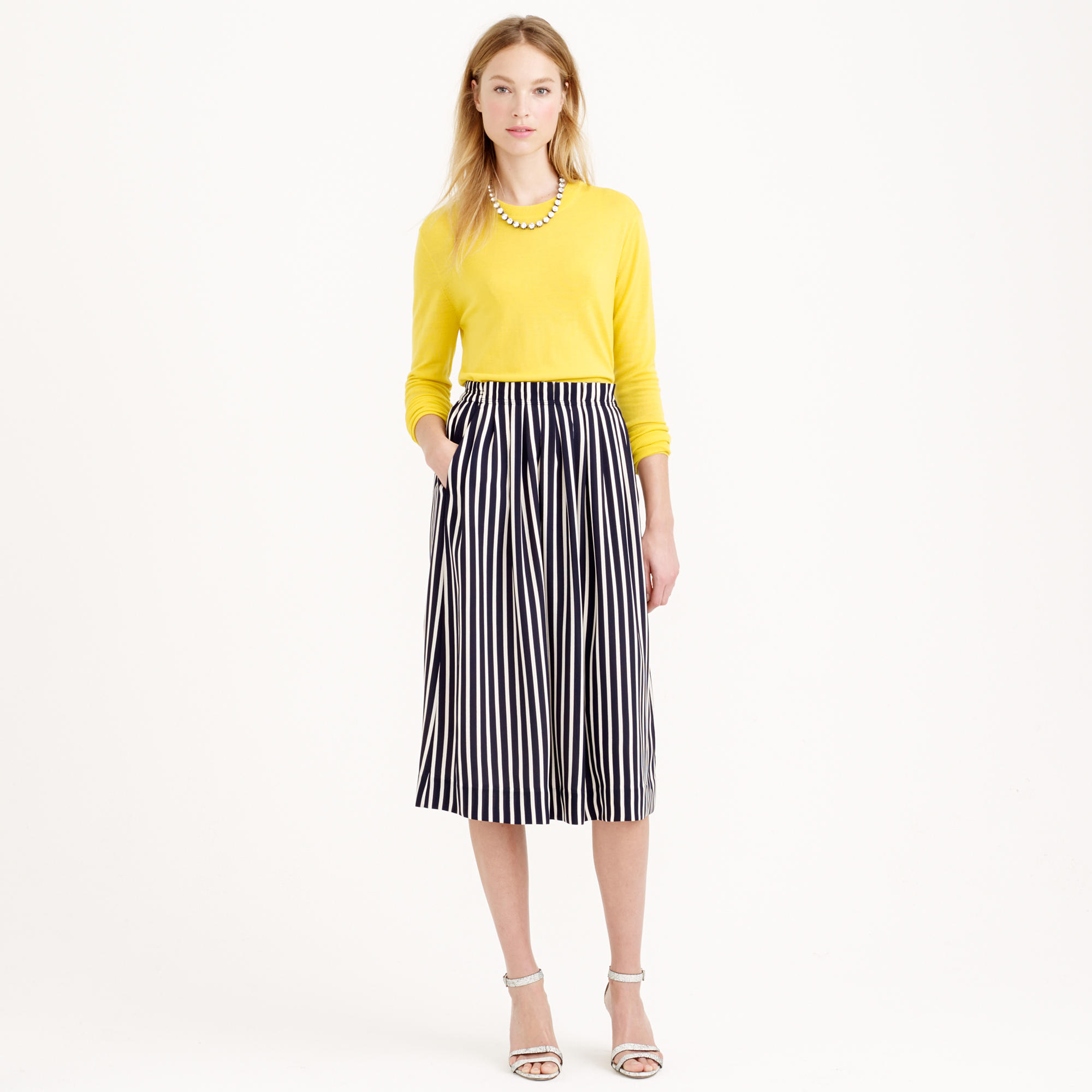 Jcrew Pleated Midi Skirt In Stripe In Blue Lyst