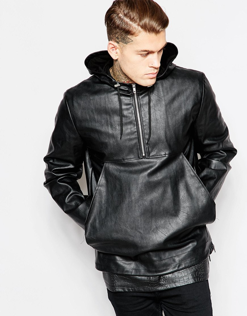 Asos Faux Leather Hooded Jacket in Black for Men | Lyst