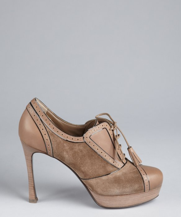 Lyst - Saint Laurent Light Brown Suede Tasseled Laceup Tooled Oxford Pumps in Natural