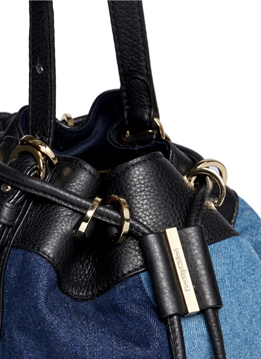 See by chloé 'vicki' Denim Patchwork Drawstring Bucket Bag in Blue | Lyst