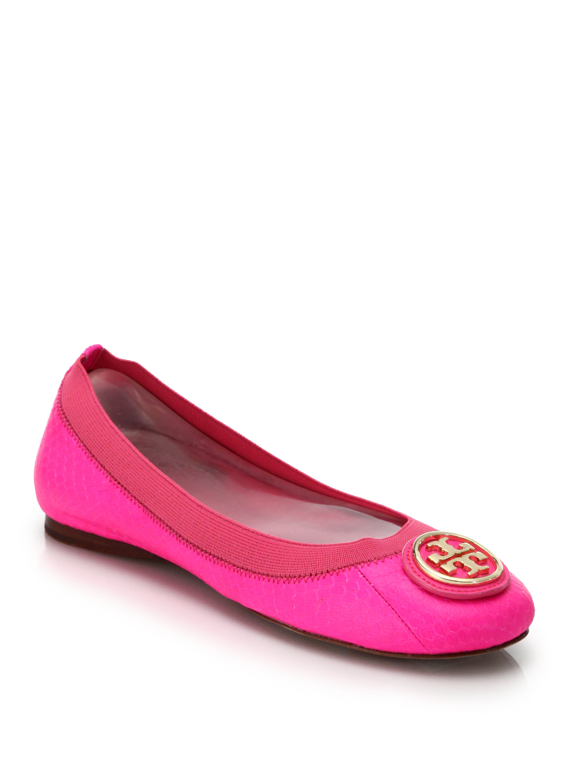 Tory burch Caroline Snake-embossed Leather Logo Flats in Pink | Lyst