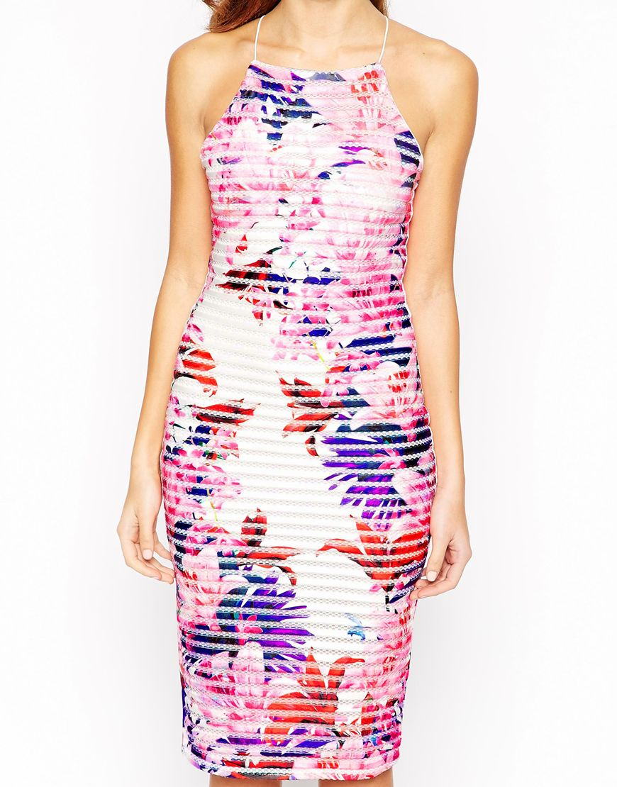 Lipsy Floral Bodycon Dress With High Neck | Lyst