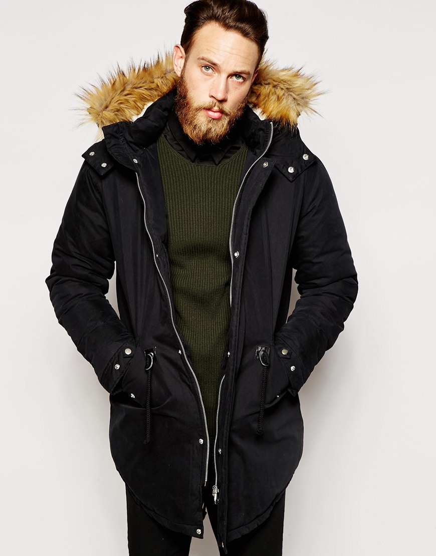 Lyst Asos Parka  Jacket With Faux Shearling Hood In Black  