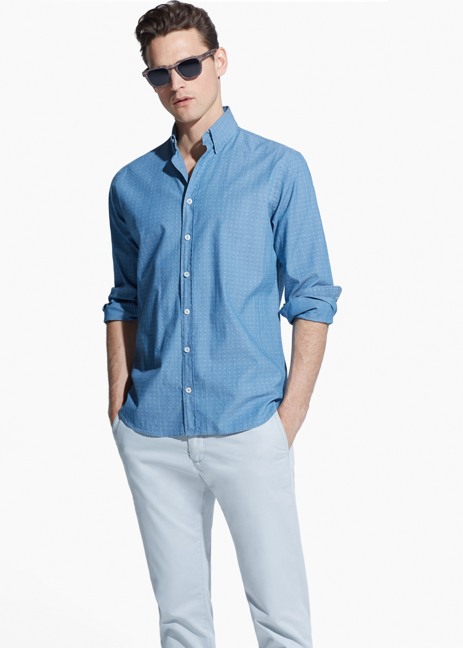 Mango Slim-fit Patterned Chambray Shirt in Blue for Men (Mocha) | Lyst
