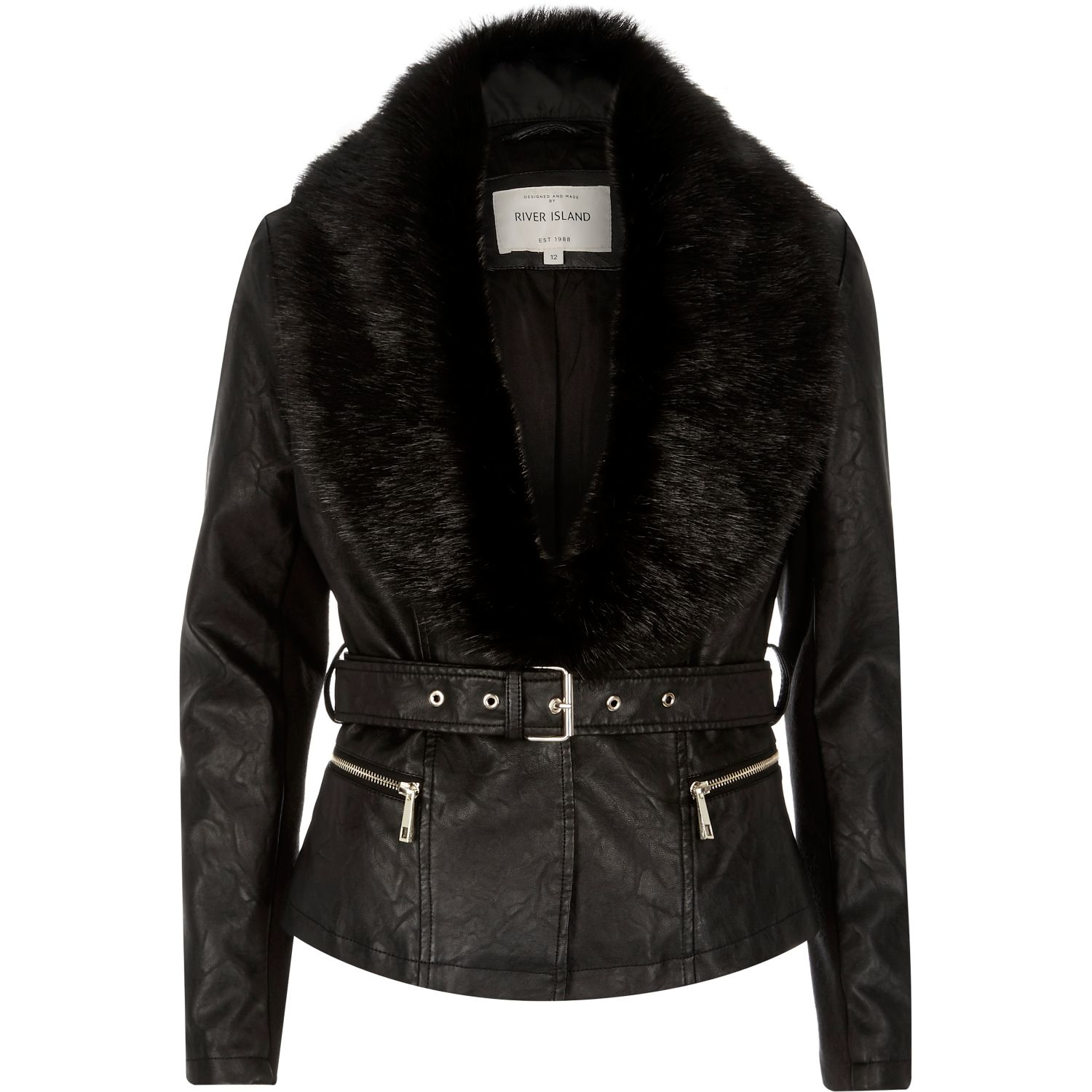 River island Black Leather-look Faux Fur Collar Jacket in Black | Lyst