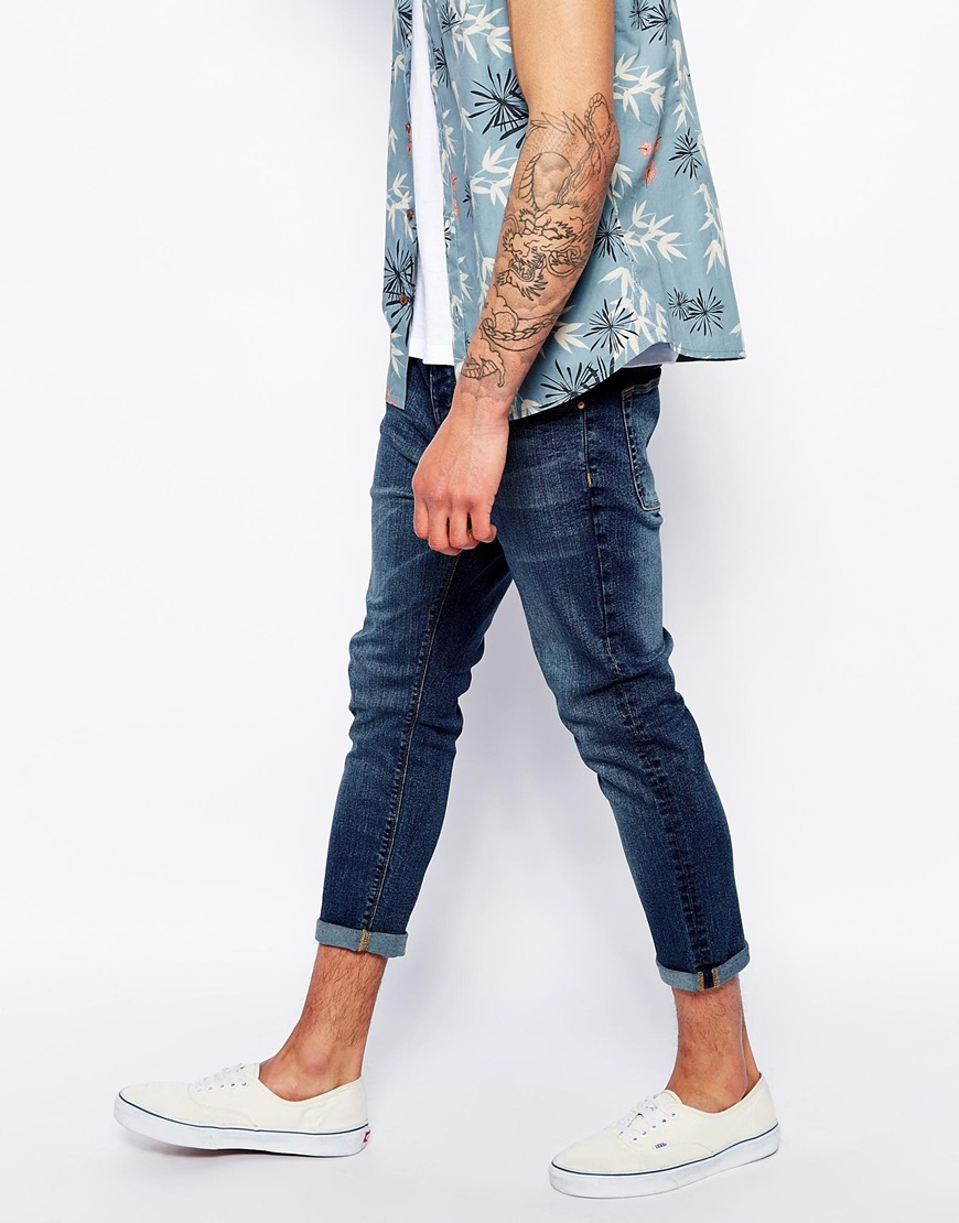 Lyst - Asos Cropped Skinny Jeans In Mid Wash in Blue for Men