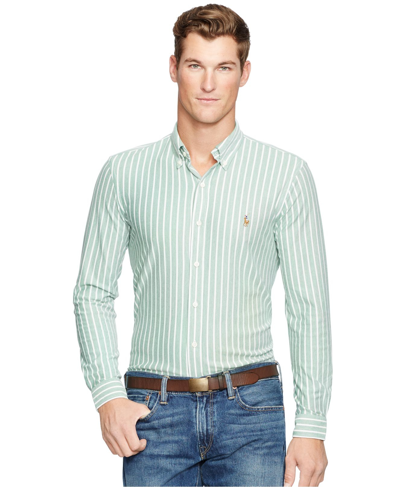 Lyst - Polo Ralph Lauren Striped Knit Oxford Shirt in Green for Men