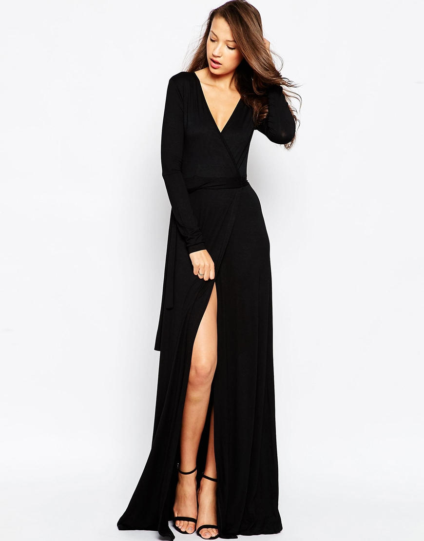 black long sleeve dress with thigh split