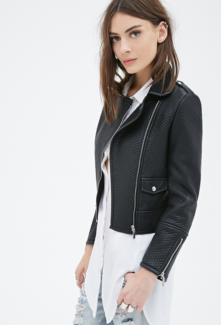 Forever 21 Textured Faux Leather Moto Jacket In Black Lyst