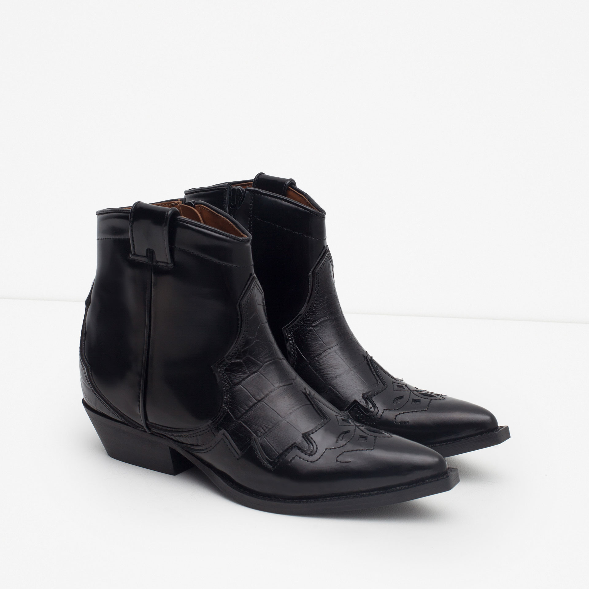 Zara Leather Cowboy Ankle Boots in Black | Lyst