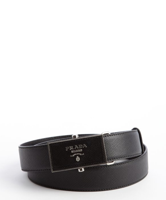 Prada Black Leather Sliding Plaque Buckle Belt in Black for Men | Lyst  