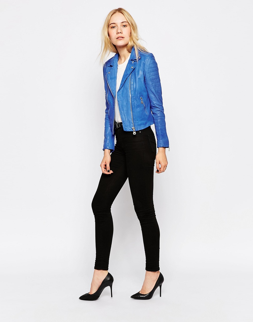Doma Leather Moto Jacket With Double Front Zip In Blue Lyst Gallery