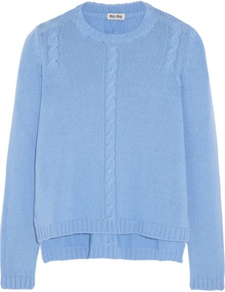 Miu Miu Cable Knit Cashmere Sweater in Blue | Lyst
