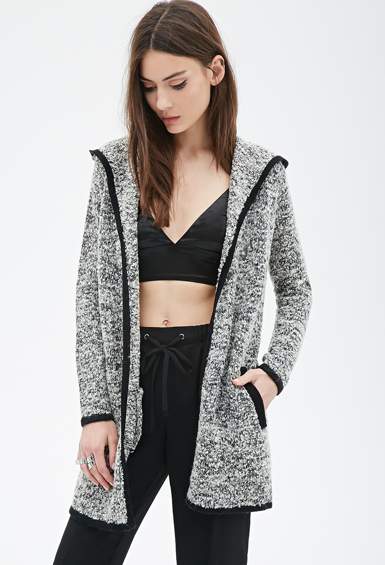 Forever 21 Marled Longline Hooded Cardigan in Black | Lyst
