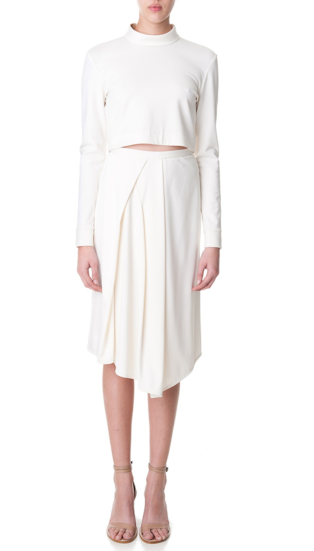 Download Lyst - Tibi Jersey Mock Neck Long Sleeve Cropped Top in Natural