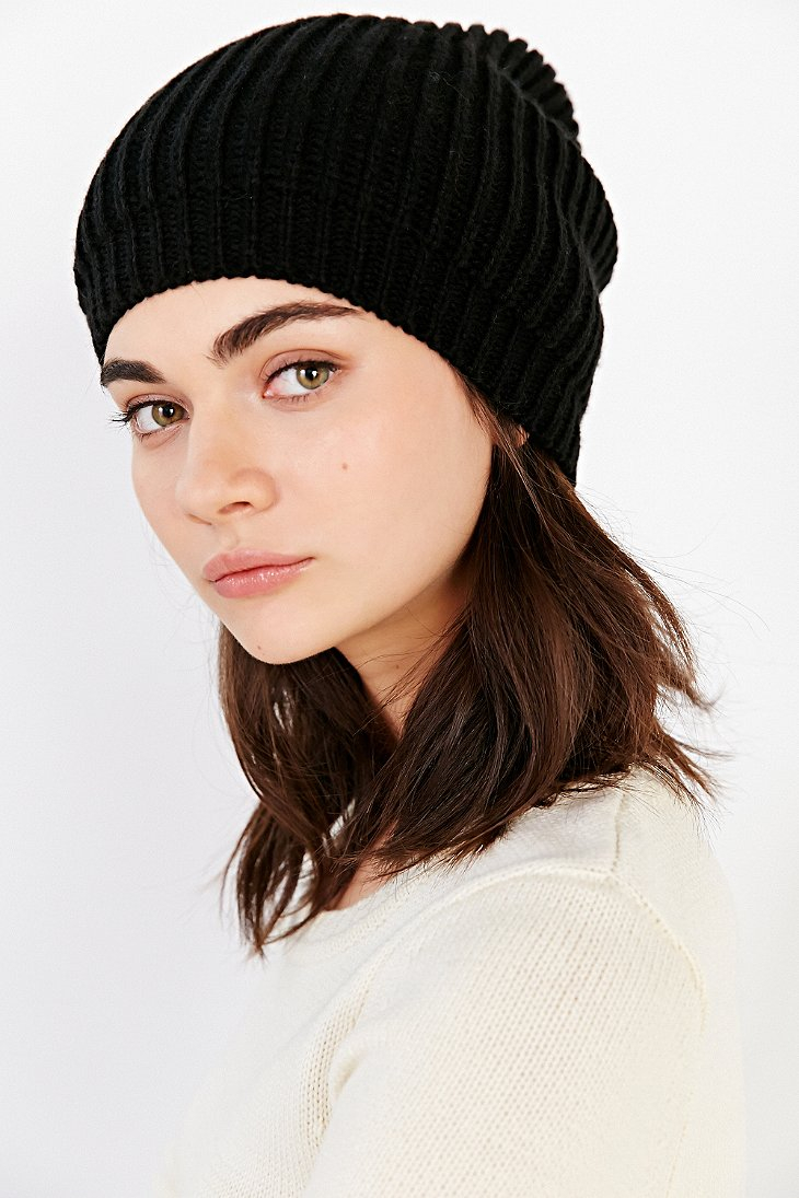 Urban outfitters Ribbed Slouch Pom Beanie in Black | Lyst